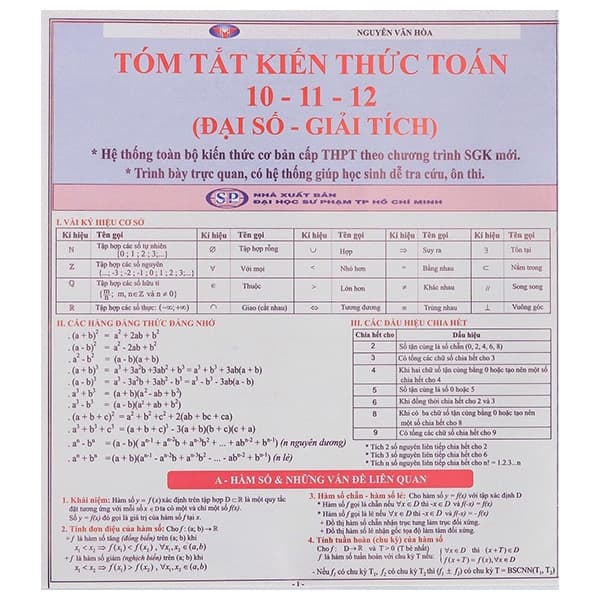 Sách Tóm Tắt Kiến Thức Toán 10-11-12 - Đại Số - Giải Tích - Nguyễn Văn Hòa