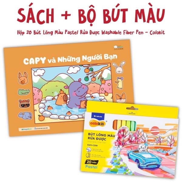 Sách Combo Sách Tô Màu Capy Và Những Người Bạn + Hộp 20 Bút Lông Màu P - Little Rainbow
