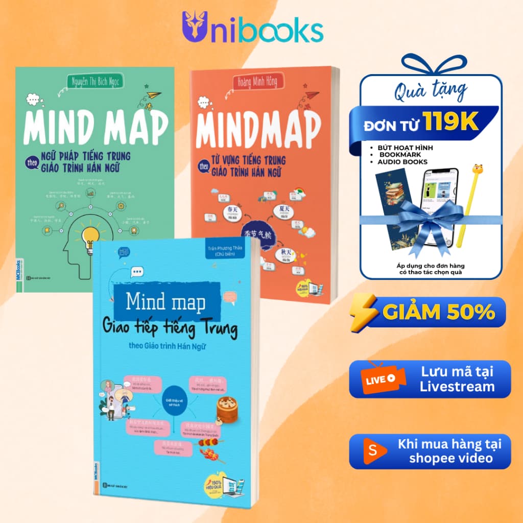 Combo Tự Học Tiếng Trung: Mindmap Ngữ Pháp, Từ Vựng + Giao Tiếp Theo Giáo Trình Hán Ngữ - Trung Phương