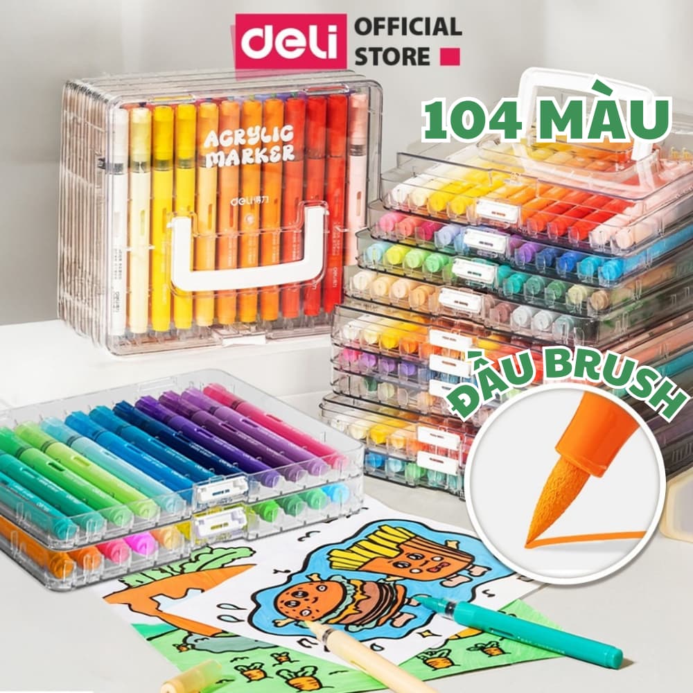 [104 MÀU] Bút Màu Acrylic Marker Roller Free Ink Đầu Lông Mềm Deli 60 Màu Vẽ Mọi Chất Liệu Bullet Journal Tiết Kiệm Mực - Long