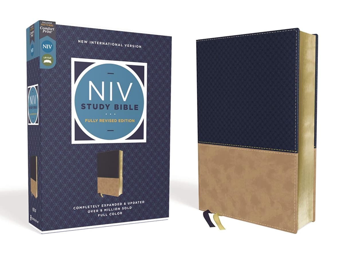 NIV Study Bible, Fully Revised Edition (Study Deeply. Believe Wholeheartedly.), Leathersoft, Navy/Tan, Red Letter, Comfort Print - Zondervan