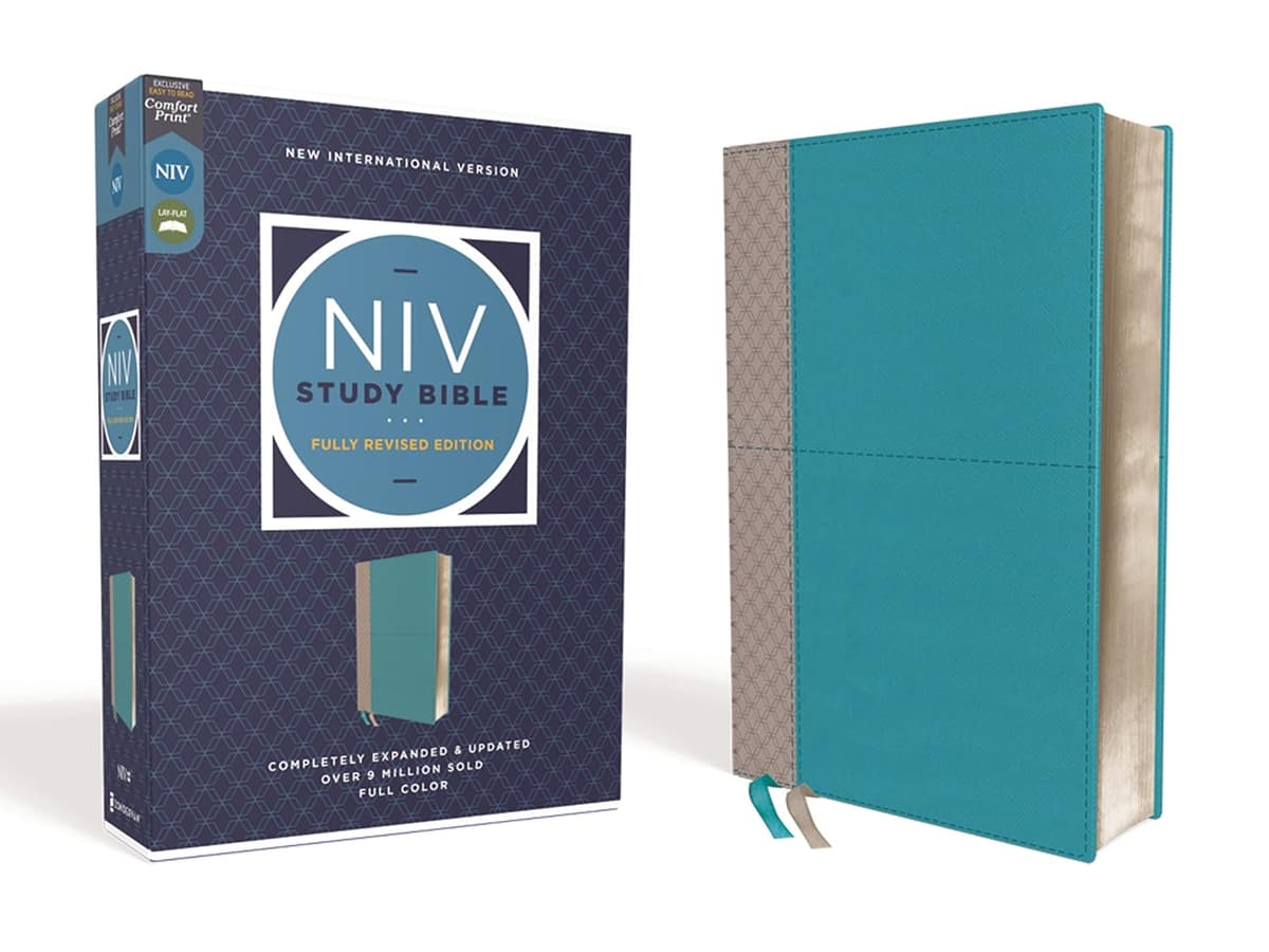 NIV Study Bible, Fully Revised Edition (Study Deeply. Believe Wholeheartedly.), Leathersoft, Teal/Gray, Red Letter, Comfort Print - Zondervan