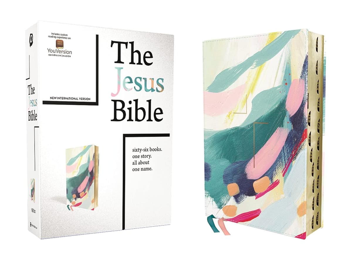 The Jesus Bible Artist Edition, NIV, (With Thumb Tabs to Help Locate the Books of the Bible), Leathersoft, Multi-color/Teal, Thumb Indexed, Comfort Print - Zondervan