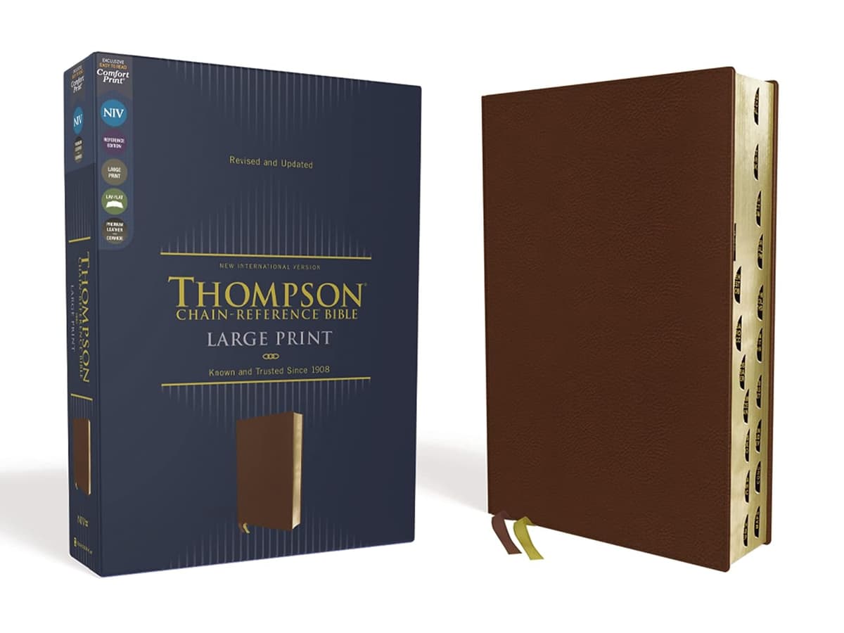 NIV, Thompson Chain-Reference Bible, Large Print, Genuine Leather, Cowhide, Brown, Red Letter, Art Gilded Edges, Thumb Indexed, Comfort Print - Charles Edge