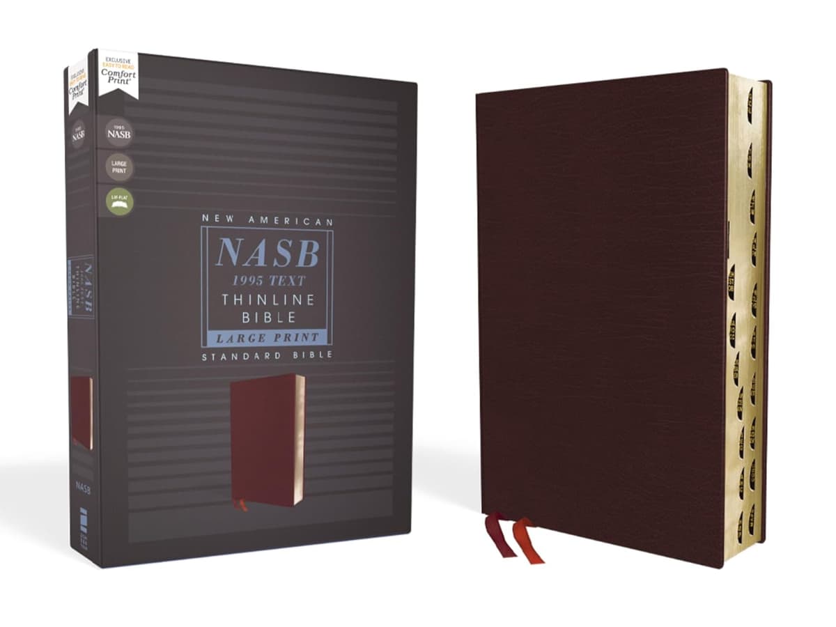 NASB, Thinline Bible, Large Print, Bonded Leather, Burgundy, Red Letter, 1995 Text, Thumb Indexed, Comfort Print