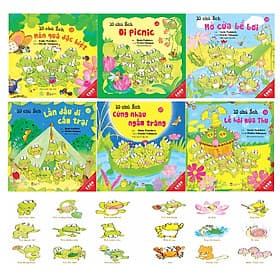 Sách Ehon - Combo 10 chú Ếch phần 3 từ tập 13 đến tập 18 gồm 6 cuốn: Món quà đặc biệt, Đi Picnic, Mở cửa bể bơi, Lần đầu đi cắm trại, Cùng nhau ngắm trăng, Lễ hội mùa Thu - Lê Thu Trang