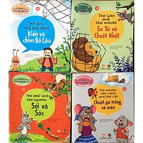Combo 4 cuốn truyện tranh song ngữ - Truyện tranh ngụ ngôn dành cho thiếu nhi song ngữ Anh - Việt ( Kiến và chim + sư tử và chuột nhắt+ sói và sóc + chuột , gà trống và mèo )