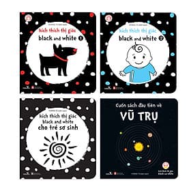 Sách cho bé - Kích Thích Thị Giác - Black and White Cho Trẻ Sơ Sinh - Combo 4 cuốn - Lật mở zigzag - Bồi cứng hoàn toàn - 