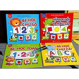 Bộ Sách Tự Xóa Thông Minh - Kèm 02 bút tự xóa - 4 cuốn Toán, Chữ cái, chữ số, hình khối và màu sắc - Sách cho bé học mẫu giáo - Minh Minh